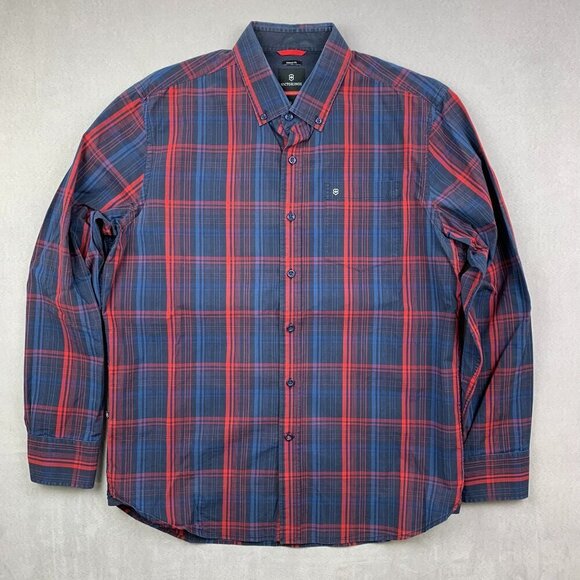 Victorinox Mens Shirt Large Blue Red Plaid Button Up Tailored Fit Cotton Nylon - Picture 1 of 8